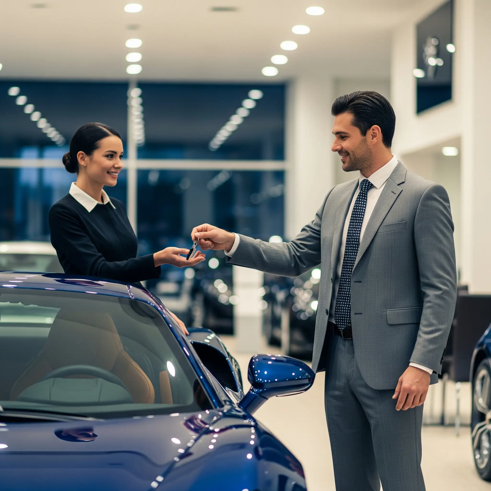 Professional car dealership representative handing vehicle keys to a business client inside a modern showroom, with a blue luxury car in the foreground.