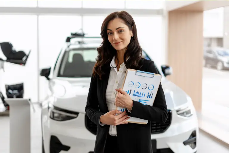 business professional reviewing vehicle registration data for Montana dealership and fleet processing