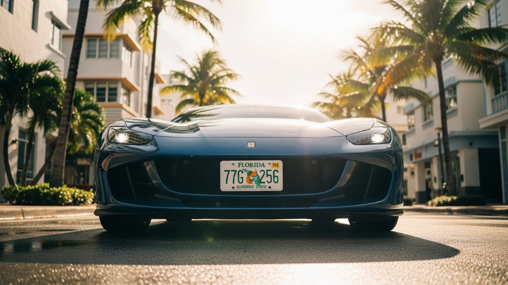 Front low-angle view of a blue Ferrari GTC4Lusso with a Florida license plate, parked on a sun-drenched Miami street lined with palm trees and Art Deco buildings.
