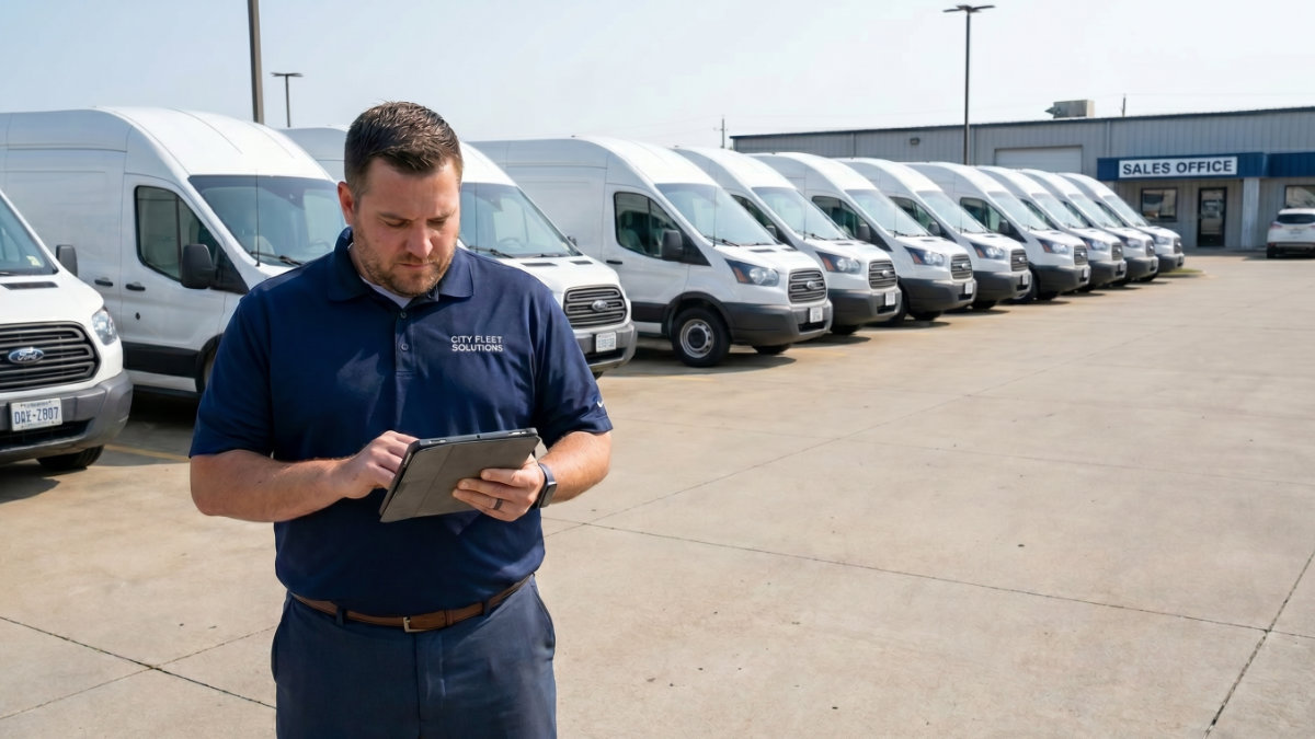 A fleet manager uses a tablet to track registration maintenance risk for a row of white commercial vans at a dealership sales office.
