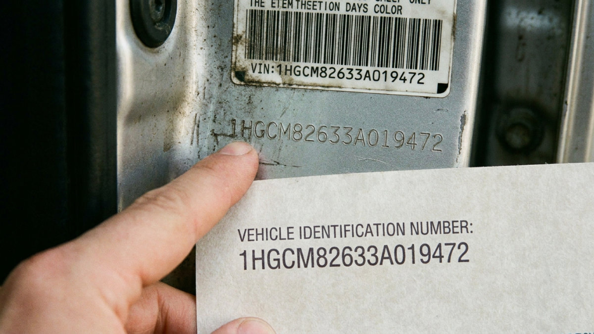A close-up of a hand comparing a printed document to a vehicle's VIN plate to ensure a frictionless registration compliance process